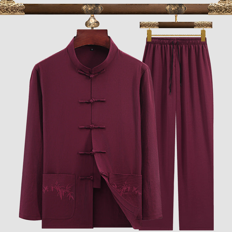 Men’s Tang Suit Set – Modern Chinese Style Summer Suit | same ANTHEM - 3106 Bamboo Leaf Red / 3XL