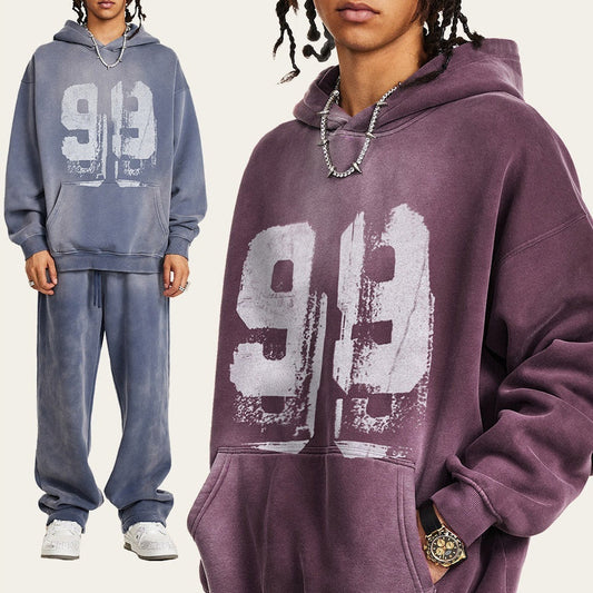 Two people wearing purple and gray '919' hoodies with matching pants, surrounded by color swatches.
