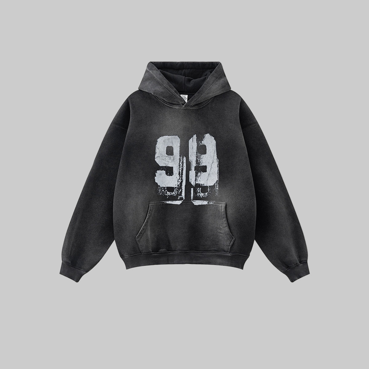 Black hoodie with white text on a light gray background