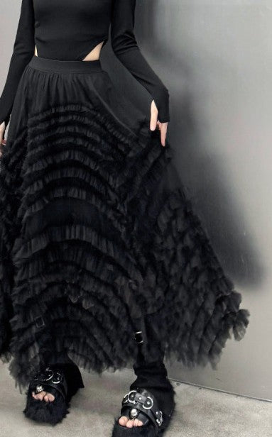 Person wearing a black ruffled skirt with a plain background