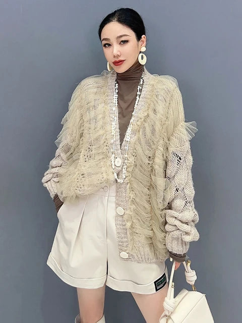 Mesh Spliced Knit Cardigan – same ANTHEM | Dreamy Romantic French Chic - Khaki / One Size