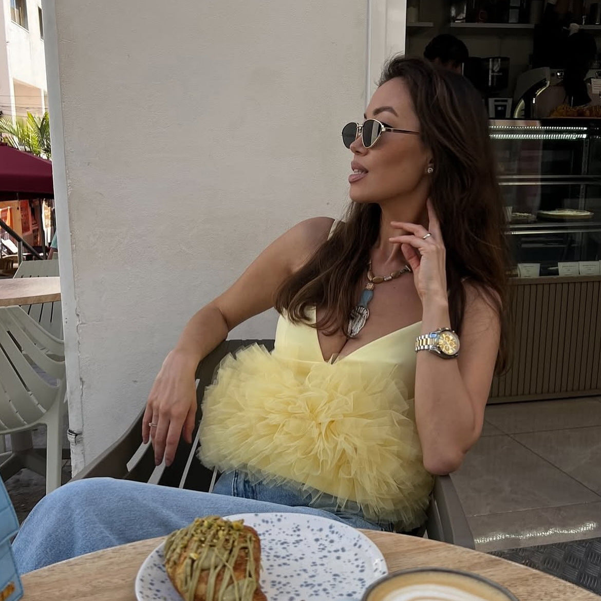 Mesh V-neck Patchwork Suspenders For Women