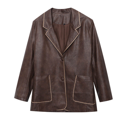 Modern handmade color brushing vintage silhouette loose fitting suit PU leather jacket and outerwear