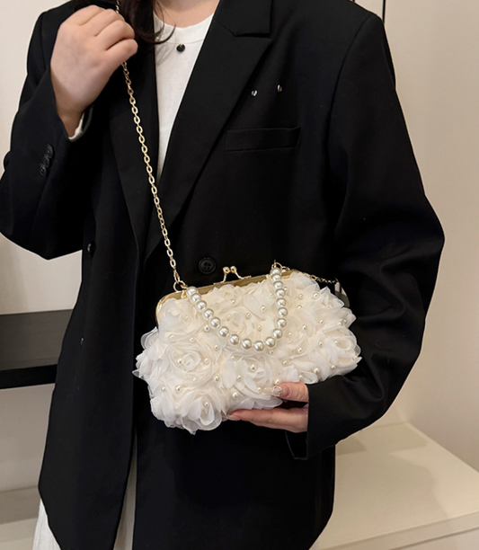 Net Lace Pleated Clutch Bag | same ANTHEM. Korean Sweet Style Pearl Crossbody - White