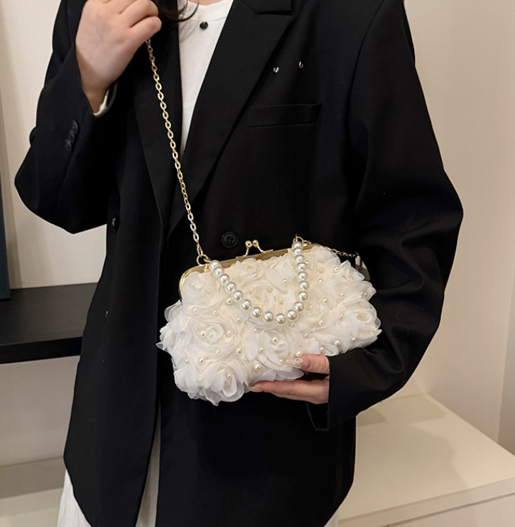 Net Lace Pleated Clutch Bag | same ANTHEM. Korean Sweet Style Pearl Crossbody - White