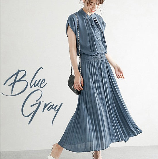 New Elegant Japanese Style Chiffon Dress | Romantic Short-Sleeved Dress for Women | Same Anthem - Blue Gray / 2XL