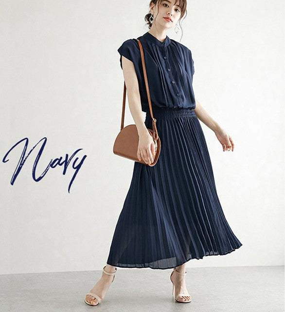New Elegant Japanese Style Chiffon Dress | Romantic Short-Sleeved Dress for Women | Same Anthem - Dark Blue / 2XL