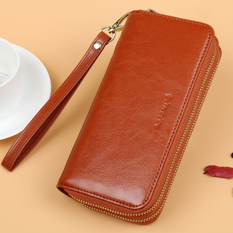 Oil Wax Leather Wallet Women Large Capacity | same ANTHEM - Brown