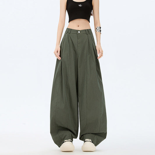 omen’s Wide Leg Workwear Pants | High Waist Trousers | same ANTHEM. - Military Green Long Pants / XS