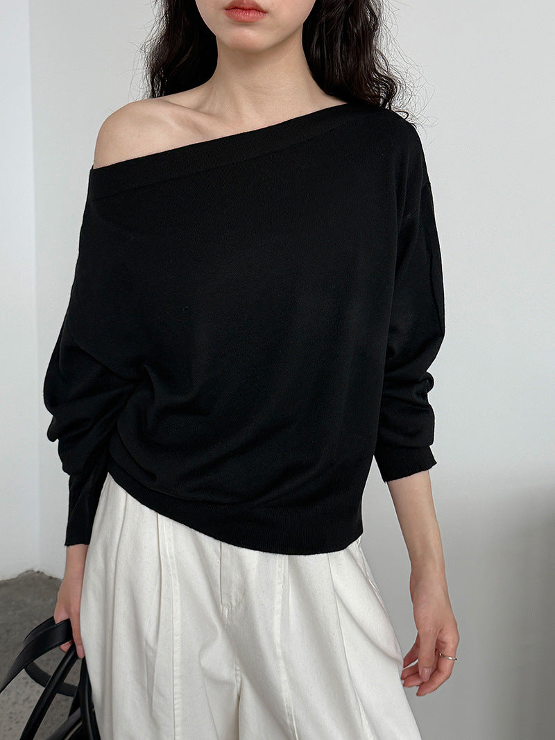One-Shoulder Wool Knit Top | Soft Cozy Sweater for Women | same ANTHEM. - Black / One Size Fits All