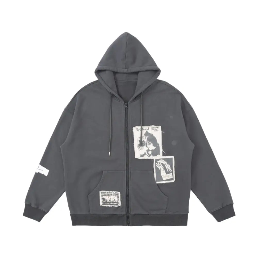Patched Zipper Hoodie | same ANTHEM. - Grey fleece / L - Sweatshirt