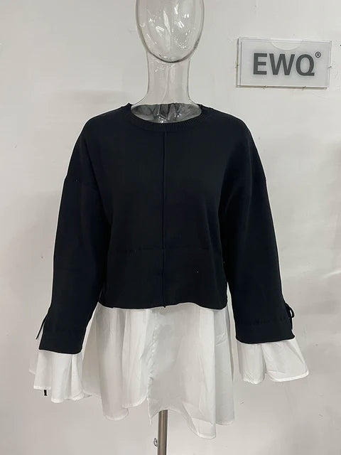 Patchwork Ruffle Knit Sweatshirt – same ANTHEM. - Black / One Size