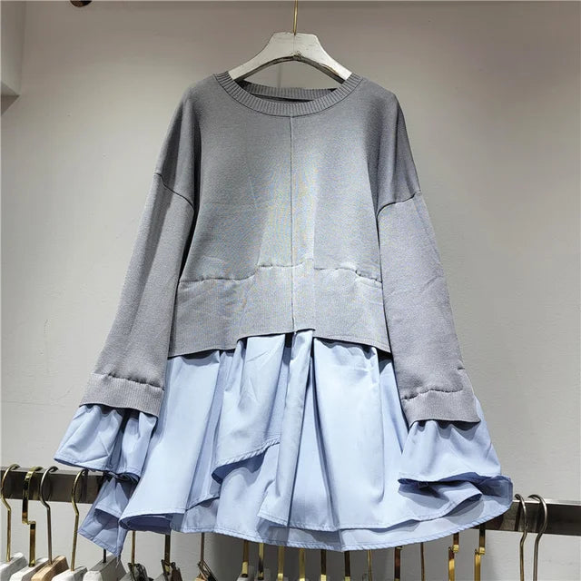 Patchwork Ruffle Knit Sweatshirt – same ANTHEM. - Gray / One Size