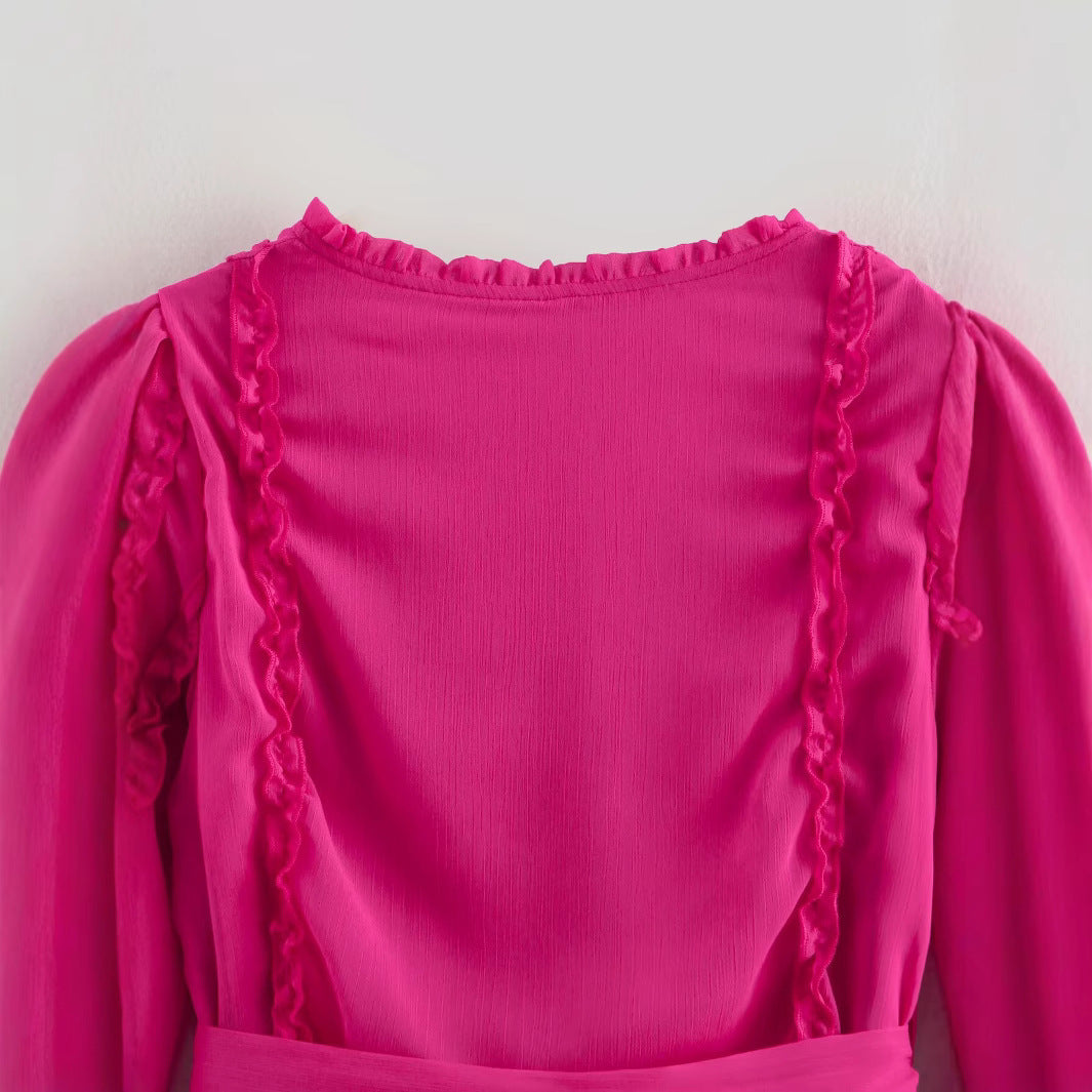 Pink Ruffle Chiffon V-Neck Dress – Romantic Streetwear | same ANTHEM