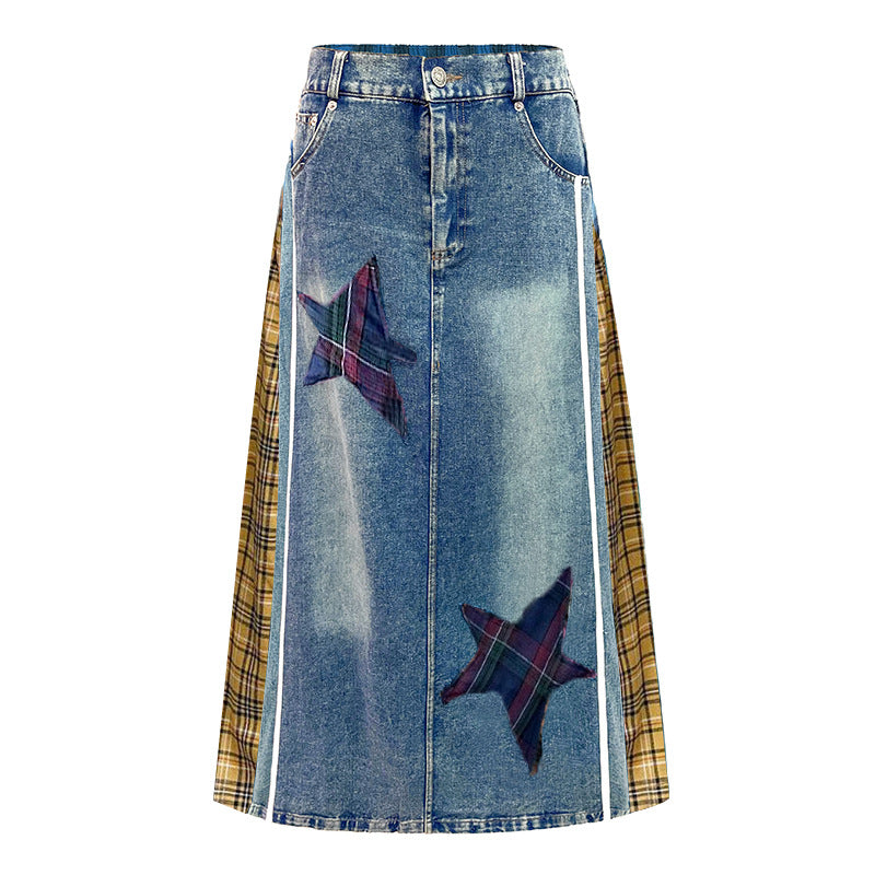 Plaid High Waisted Denim Skirt – Loose Street Style Patched A-Line | same ANTHEM - Yellow / one size