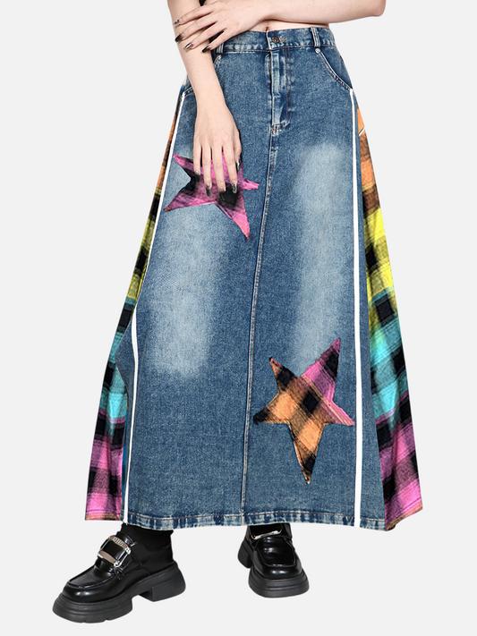 Plaid High Waisted Denim Skirt – Loose Street Style Patched A-Line | same ANTHEM
