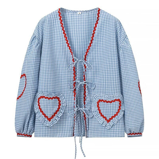 Plaid Lace-Up Heart Pocket Cardigan – same ANTHEM Streetwear - baby blue / S