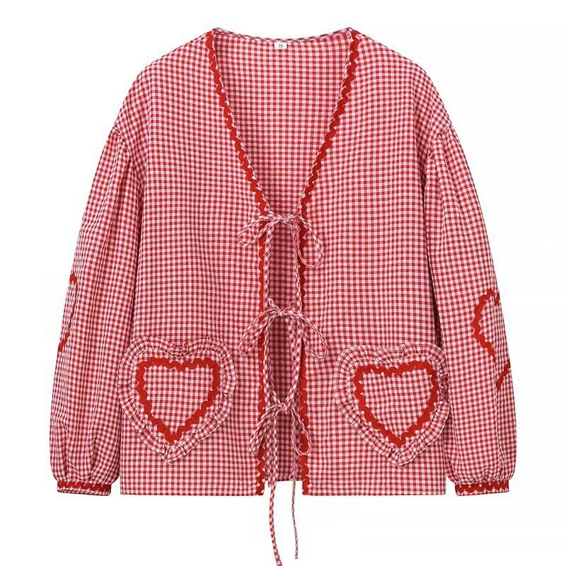 Plaid Lace-Up Heart Pocket Cardigan – same ANTHEM Streetwear - Rose colored / S