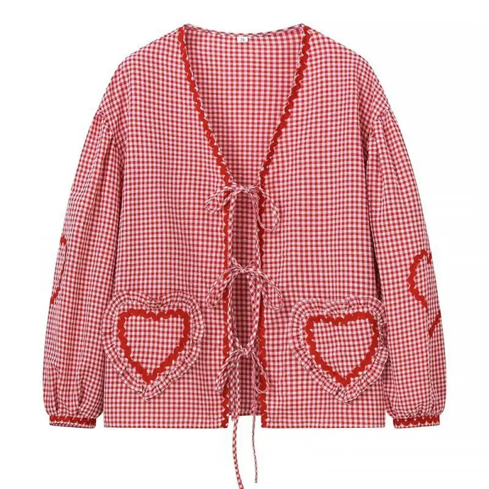 Plaid Lace-Up Heart Pocket Cardigan – same ANTHEM Streetwear - Rose colored / S
