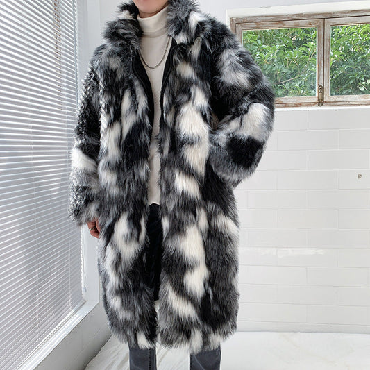 Person wearing a long, patterned fur coat indoors.