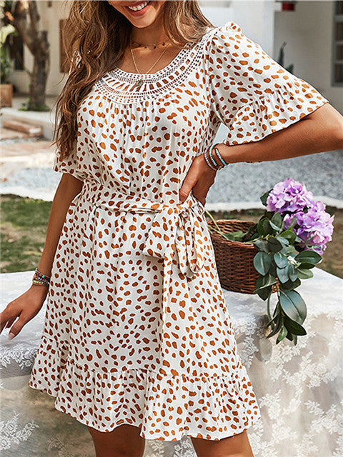 Polka Dot Print Round Neck Short Sleeve Loose Dress | Casual Chic Style | same ANTHEM - Beige / L