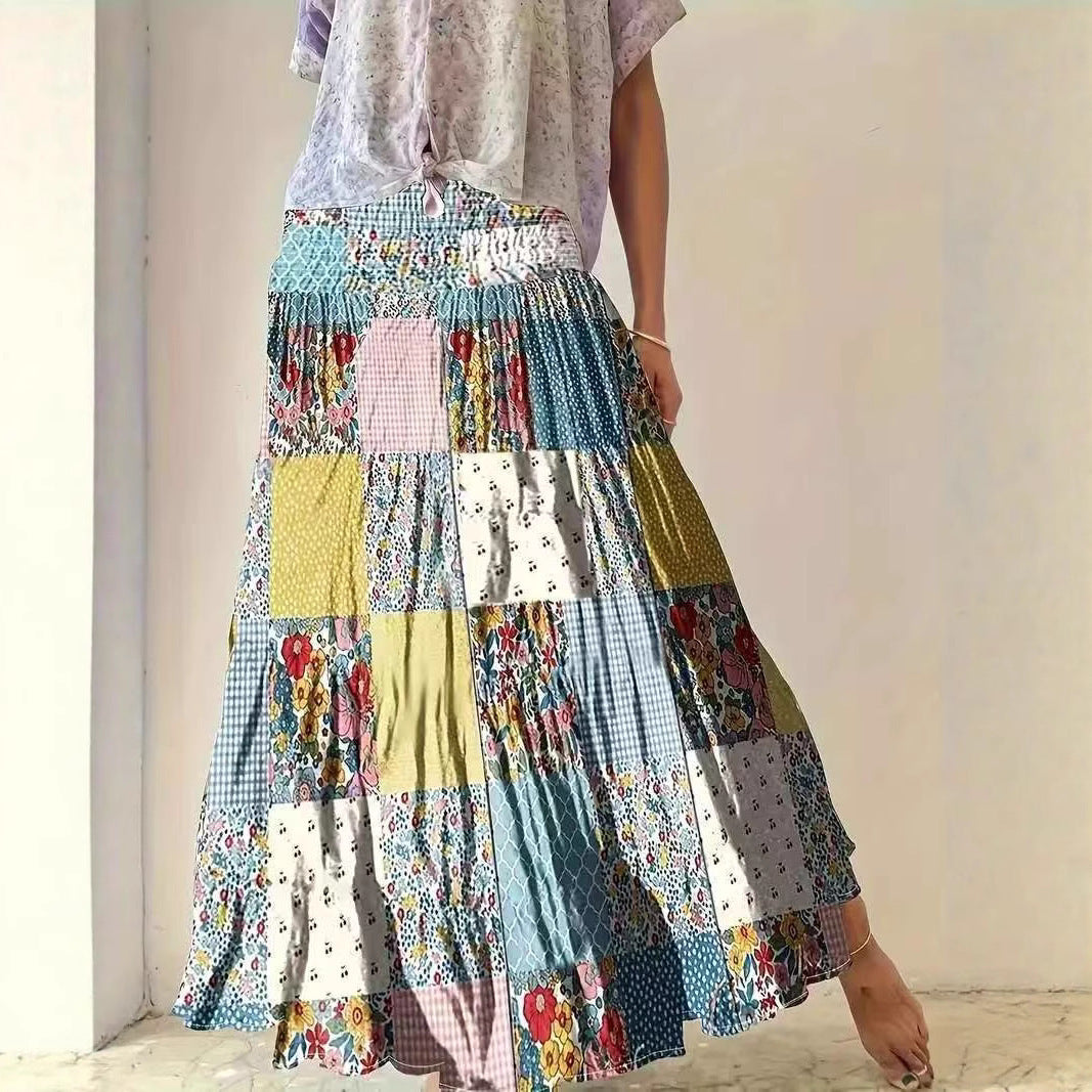 Printed Stitching Women’s Popular Floral Skirt Long Skirt - Bag