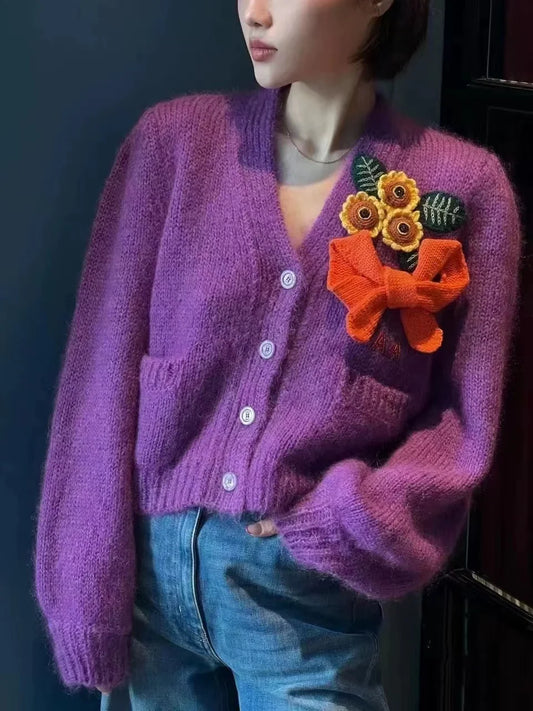 Purple Bow Flower Cardigan – Dreamy Korean Style | same ANTHEM