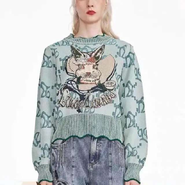 Rabbit Jacquard Knit Sweater – Cute Chic & Dreamy Streetwear | same ANTHEM - lake blue / M