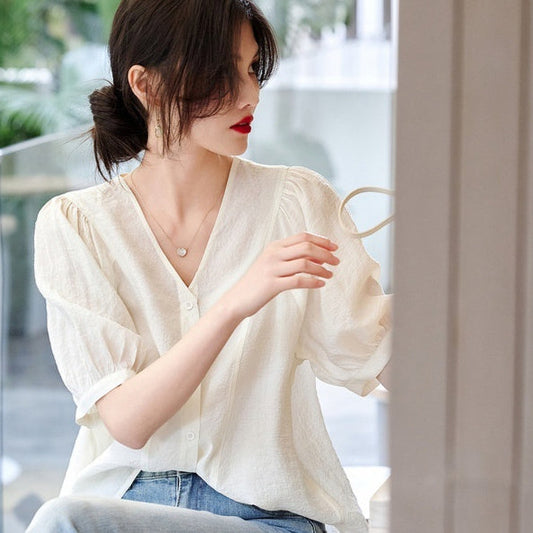 Retro French V-Neck Shirt – Romantic Style | same ANTHEM