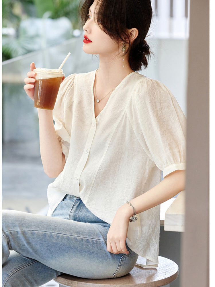 Retro French V-Neck Shirt – Romantic Style | same ANTHEM