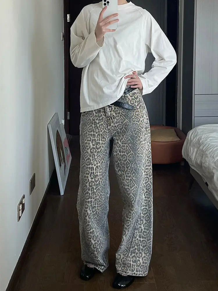 Retro Leopard Print Denim Pants | Wide-Leg High Waist Jeans | same ANTHEM. - Leopard Print Color (In Stock, Price