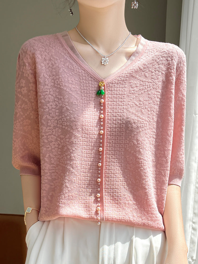 Romantic Boho Women’s V-neck Tencel Sweater – Chic Vintage Short Sleeve Top for Lovers & Soulmates | same ANTHEM - Pink