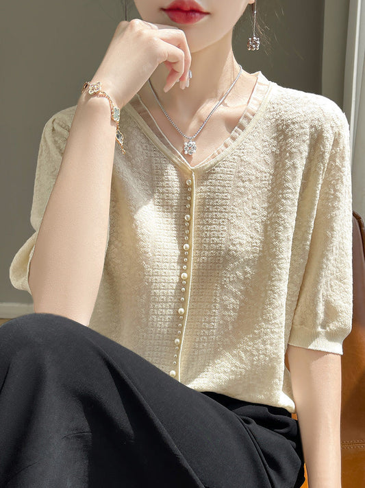 Romantic Boho Women’s V-neck Tencel Sweater – Chic Vintage Short Sleeve Top for Lovers & Soulmates | same ANTHEM