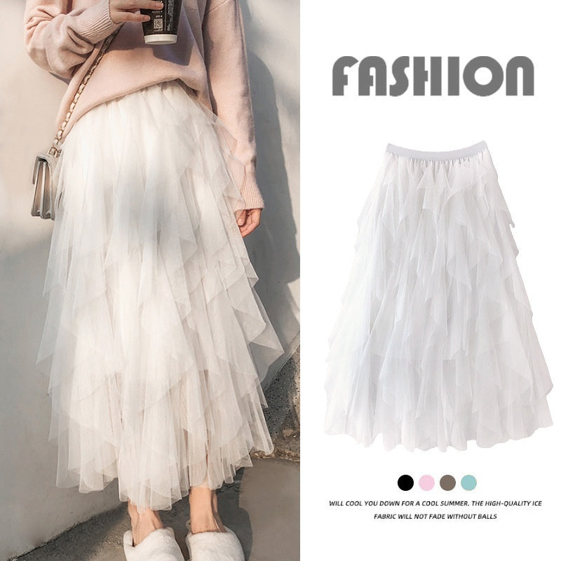 Romantic High-Waist Tulle Skirt – Voluminous Mesh Fairy Skirt with Tassels - White / Free Size - Skirt