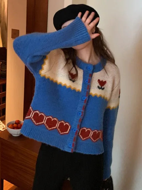 Romantic Jacquard Knit Cardigan – same ANTHEM | Retro Japanese Soulmate Style - Blue / One Size