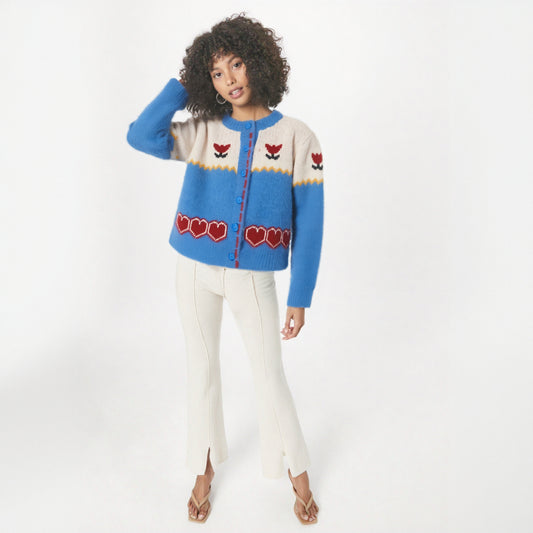 Romantic Jacquard Knit Cardigan – same ANTHEM | Retro Japanese Soulmate Style - Blue / One Size