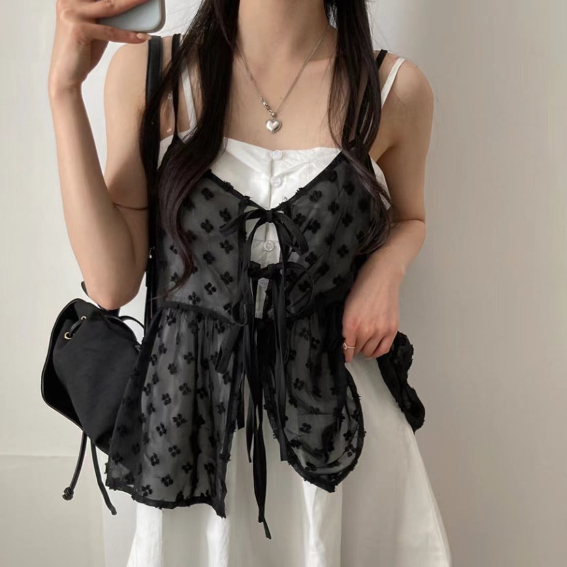 Romantic Lace-Up Jacquard Dress – Dreamy French Vibes | same ANTHEM - Black / Free Size
