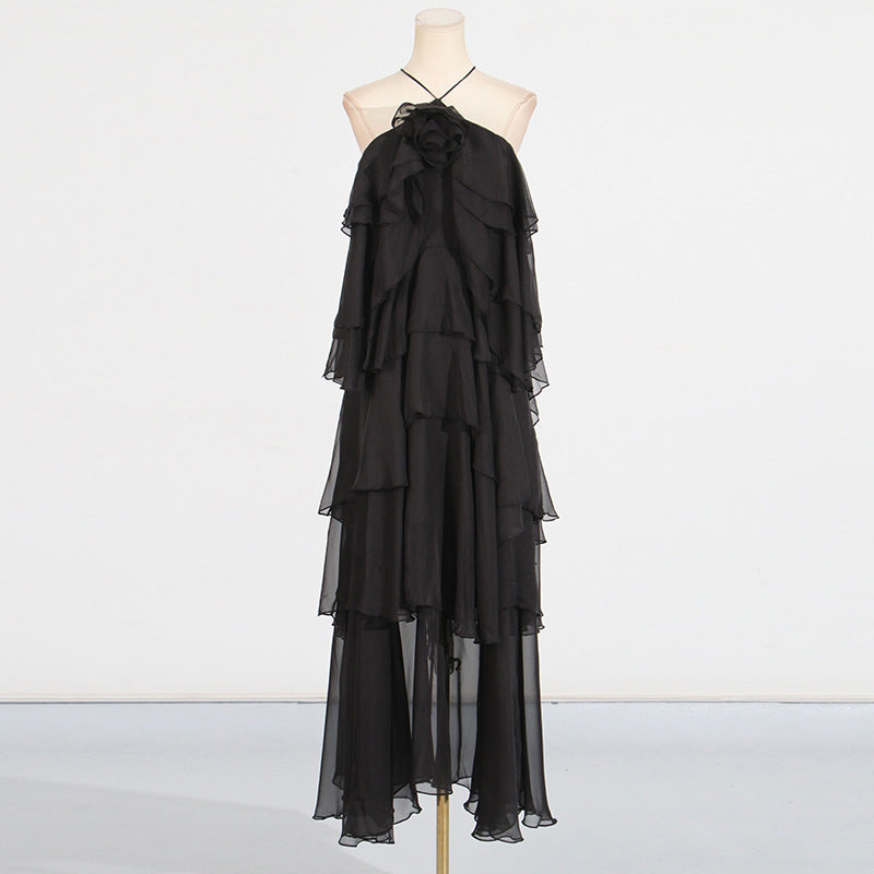 Romantic Lotus Leaf Tulle Long Dress | Dreamy Night Dress | same ANTHEM - black / S