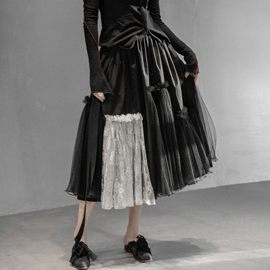 Romantic Mesh Asymmetrical Skirt | same ANTHEM. - Black / S