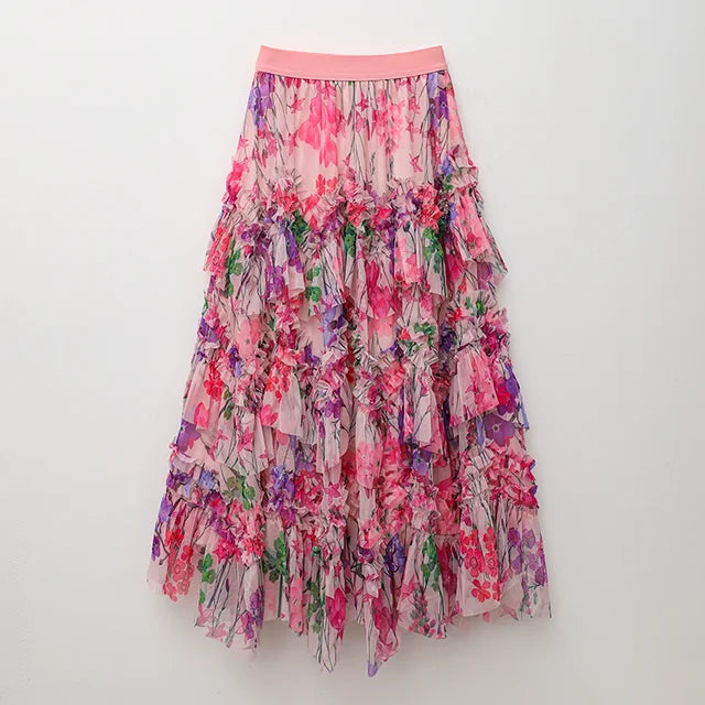 Romantic Printed Lace A-Line Skirt for Women | same ANTHEM - Pink / One Size
