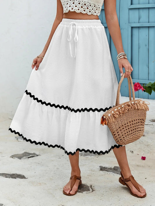 Romantic Tied Contrast Trim High Waist Skirt – French Dreamy Boho Chic | same ANTHEM - White / S