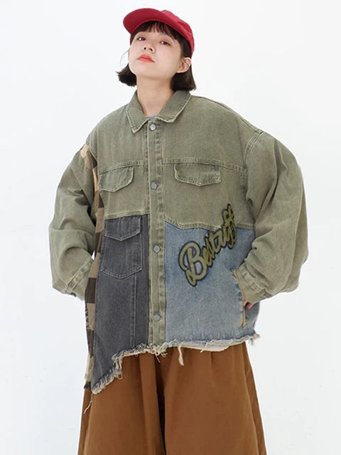 same ANTHEM. Patchwork Denim Streetwear Jacket – Loose Fit for Soulmates & Besties - Green / M