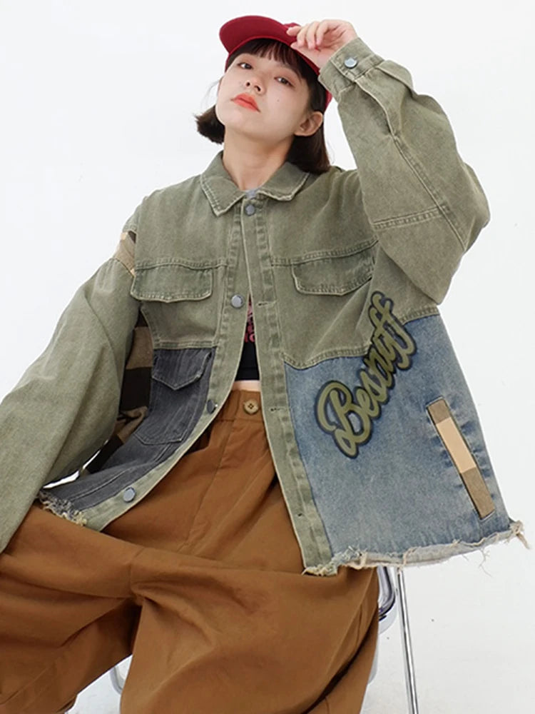 same ANTHEM. Patchwork Denim Streetwear Jacket – Loose Fit for Soulmates & Besties