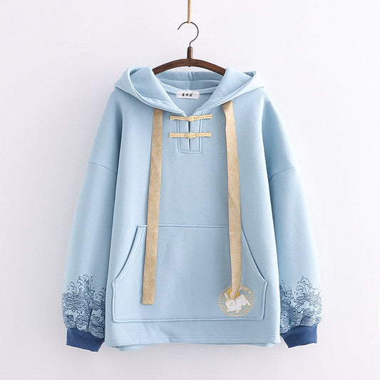 same ANTHEM. Wave Print Fleece Hoodie – Chinese Tradition Meets Soulmate Streetwear - Light Blue / One size
