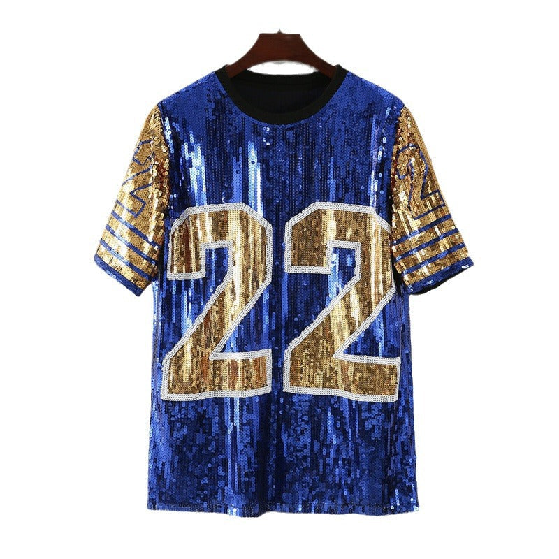 Sequin Sports Jersey Top for Women | Trendy Streetwear | same ANTHEM. - BLUE / One Size