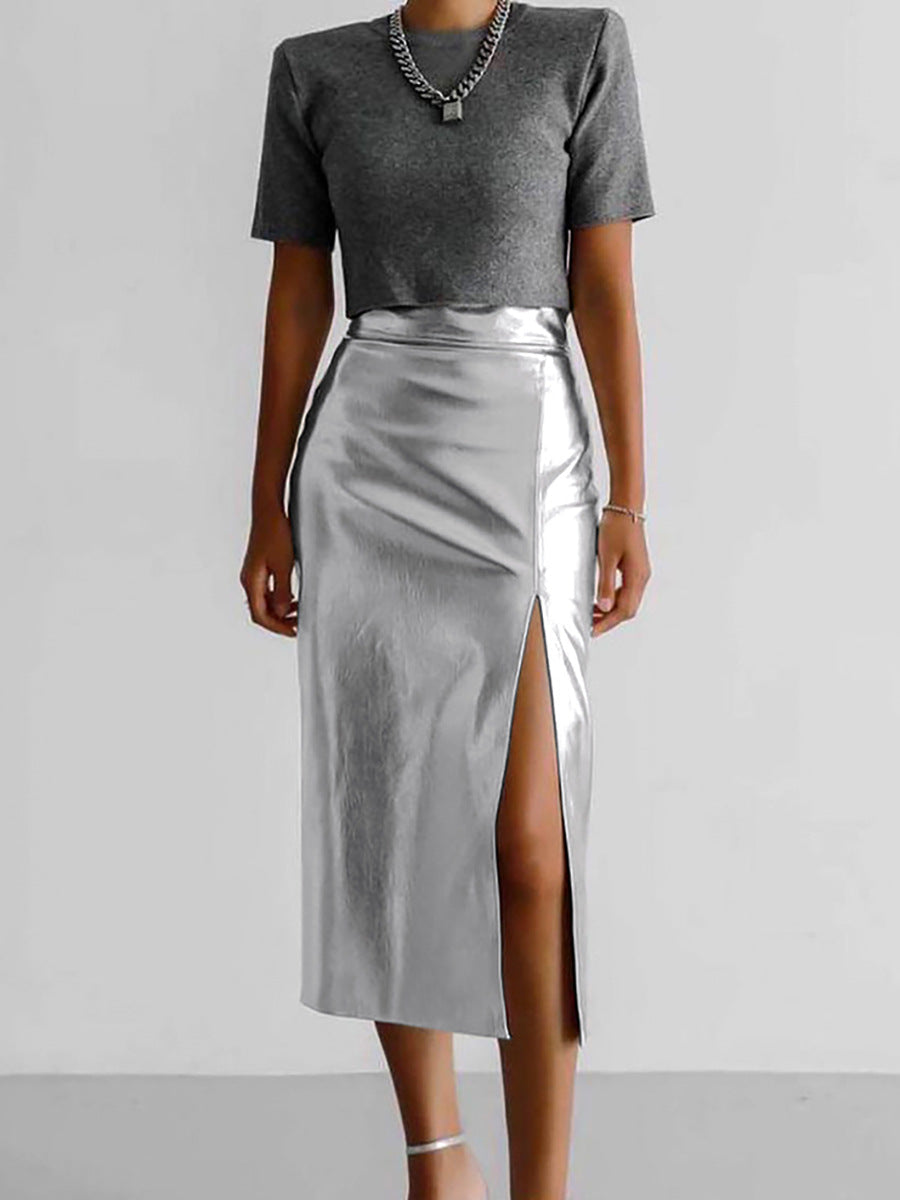 Shiny PU Leather Skirt Women | High Waist Luxury Streetwear | same ANTHEM. - silvery / S