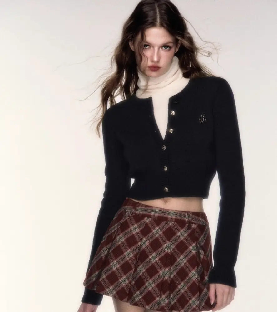 Short Round Neck Wool Sweater Cardigan Coat - Navy Blue / M - Bag