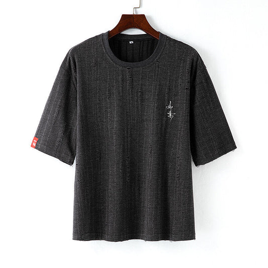 Short Sleeve Embroidered T-Shirt – Breathable Streetwear with Distressed Detail | same ANTHEM