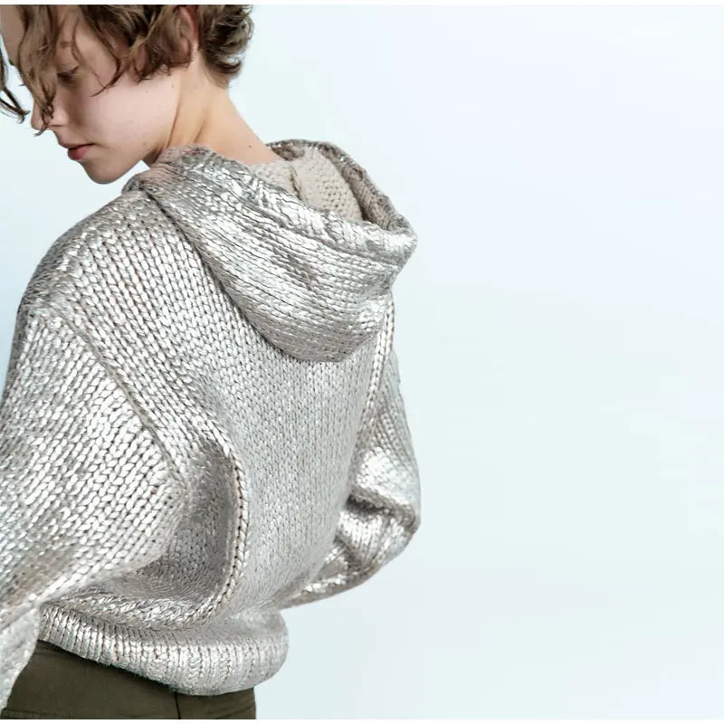 Silver Metallic Hooded Knit Sweater – Dreamy Streetwear | same ANTHEM