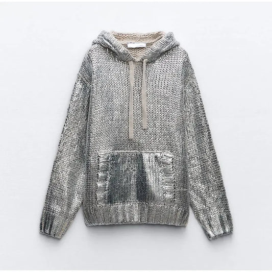 Silver Metallic Hooded Knit Sweater – Dreamy Streetwear | same ANTHEM